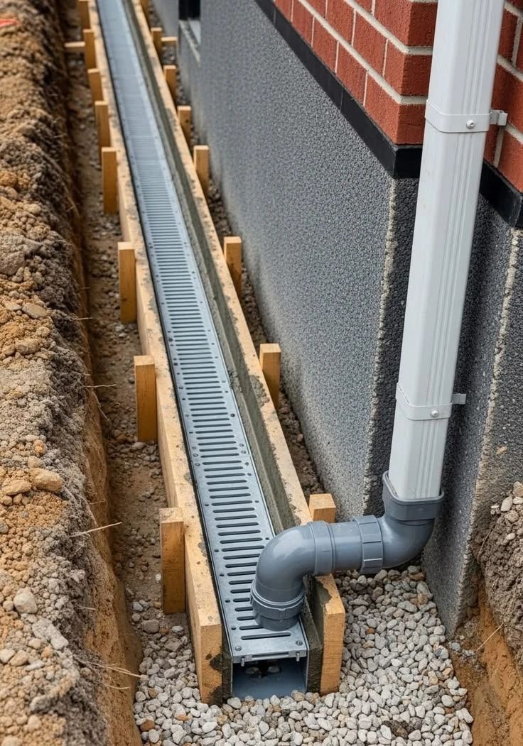 Channel drain installed along a foundation wall with a downpipe connection