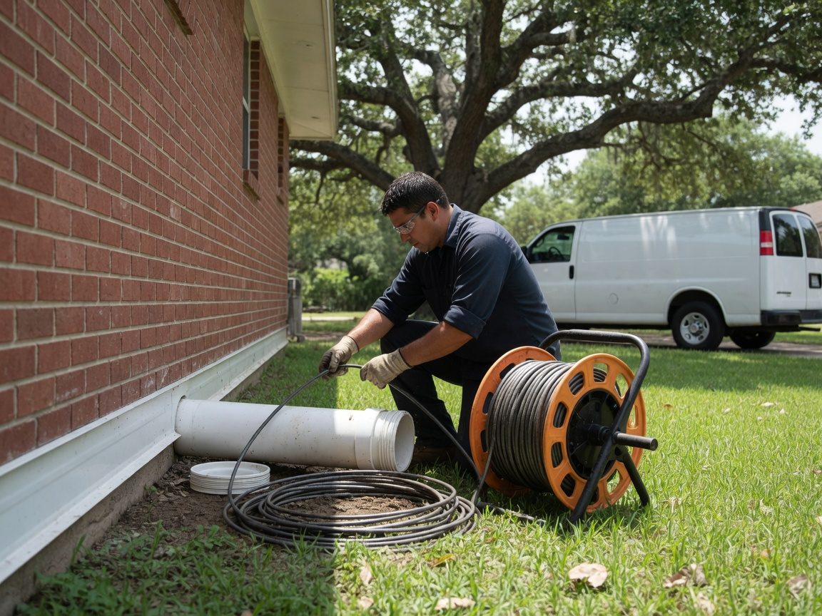 Technician feeding a drain cable into a home sewer cleanout